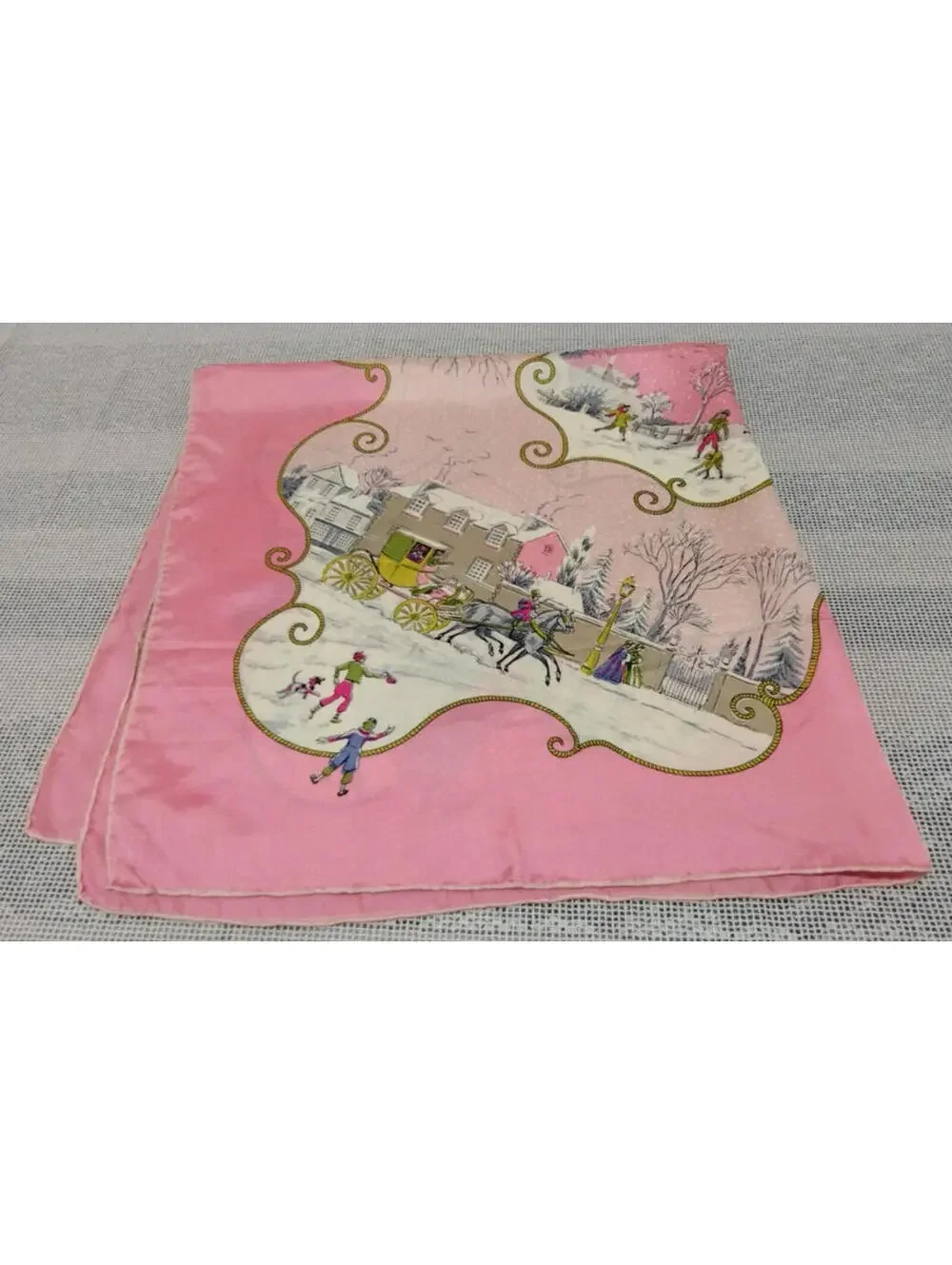 40s 50s Silk Pink Scarf CHRISTMAS WINTER SCENES Victorian Carriage Chartreuse